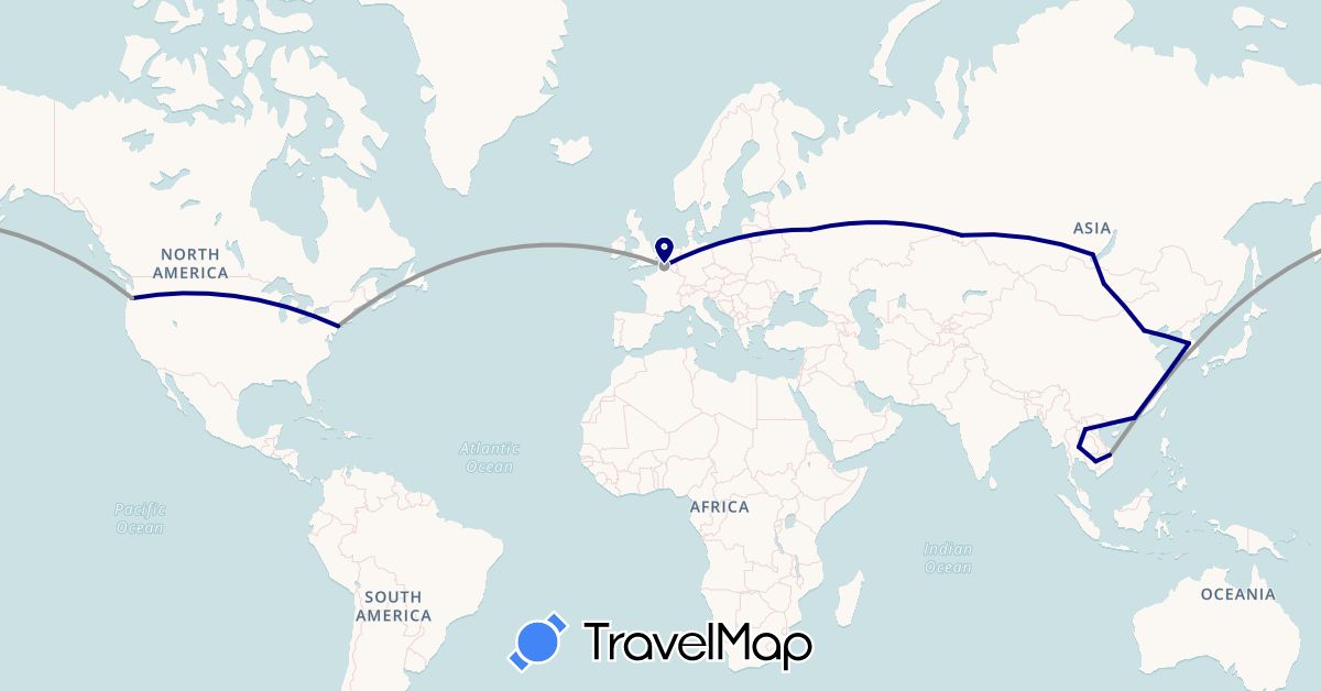 TravelMap itinerary: driving, plane in China, France, Hong Kong, Cambodia, South Korea, Laos, Mongolia, Russia, Thailand, United States, Vietnam (Asia, Europe, North America)